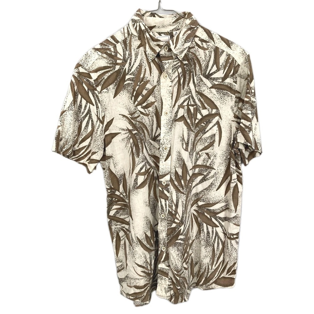 ROWM Shirt Mens M Brown Leaf Print Hemp Lyocell Hawaiian Button Front Aloha